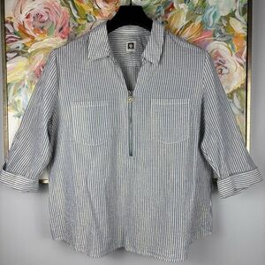 Anne Klein Striped Half-Zip Blouse – Size XL – Gold Metallic Thread